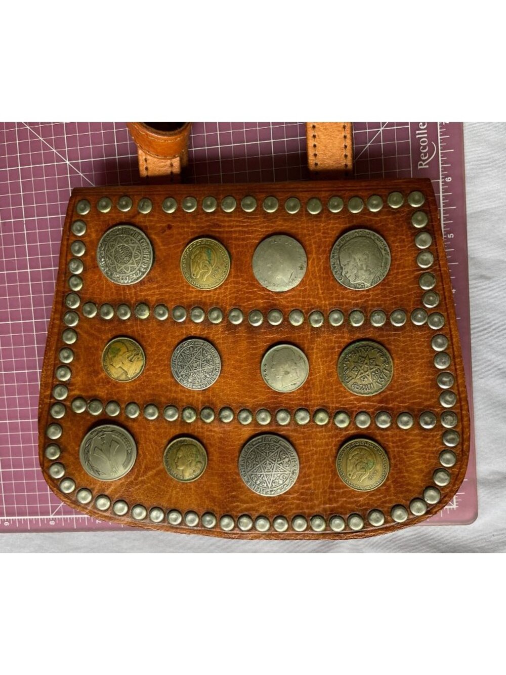 Vintage Moroccan Berber Leather Guerrab Bag Coin Studded Water Carrier 6x8 - Picture 13 of 14